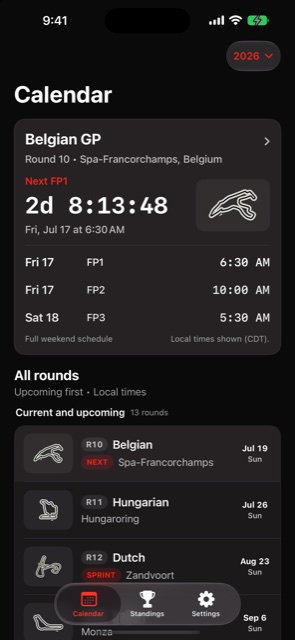 F1 Race Calendar iPhone app showing the season schedule