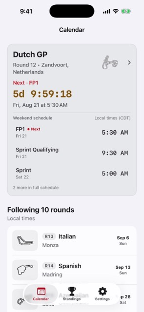 Race Calendar showing the next Grand Prix countdown and upcoming rounds