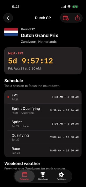 A race weekend with local session times and a countdown